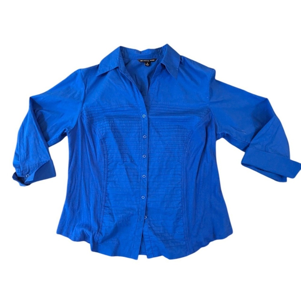 Zac & Rachel Woman Royal Blue Pintuck Button Down Blouse Plus Size 1X 3/4 Sleeve